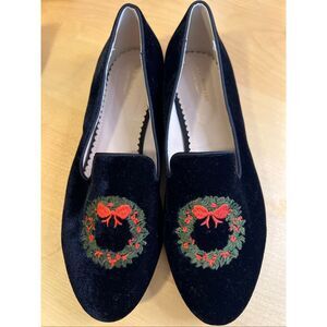 Isaac Mizrahi NY black velvet slipper / loafer Christmas wreath embroidery